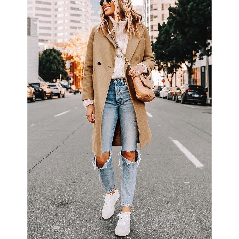 🆕Women’s Camel Wool Coat Casual Long Chic Outerwear Warm Winter Jacket Style - Picture 2 of 6